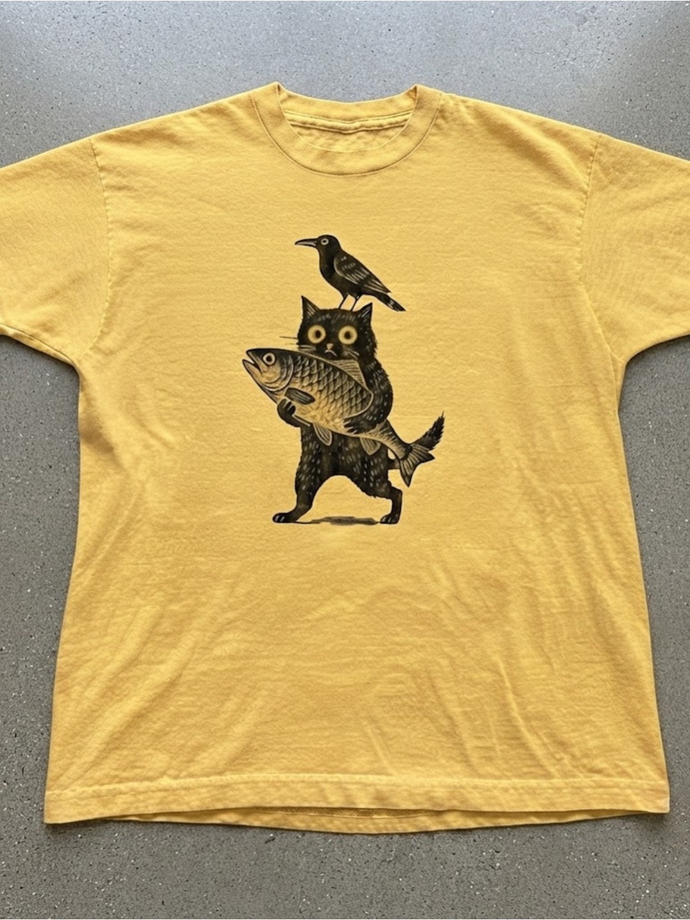Yellow Graphic Print Gildan T-shirt with Black Cat, Fish & Bird Print